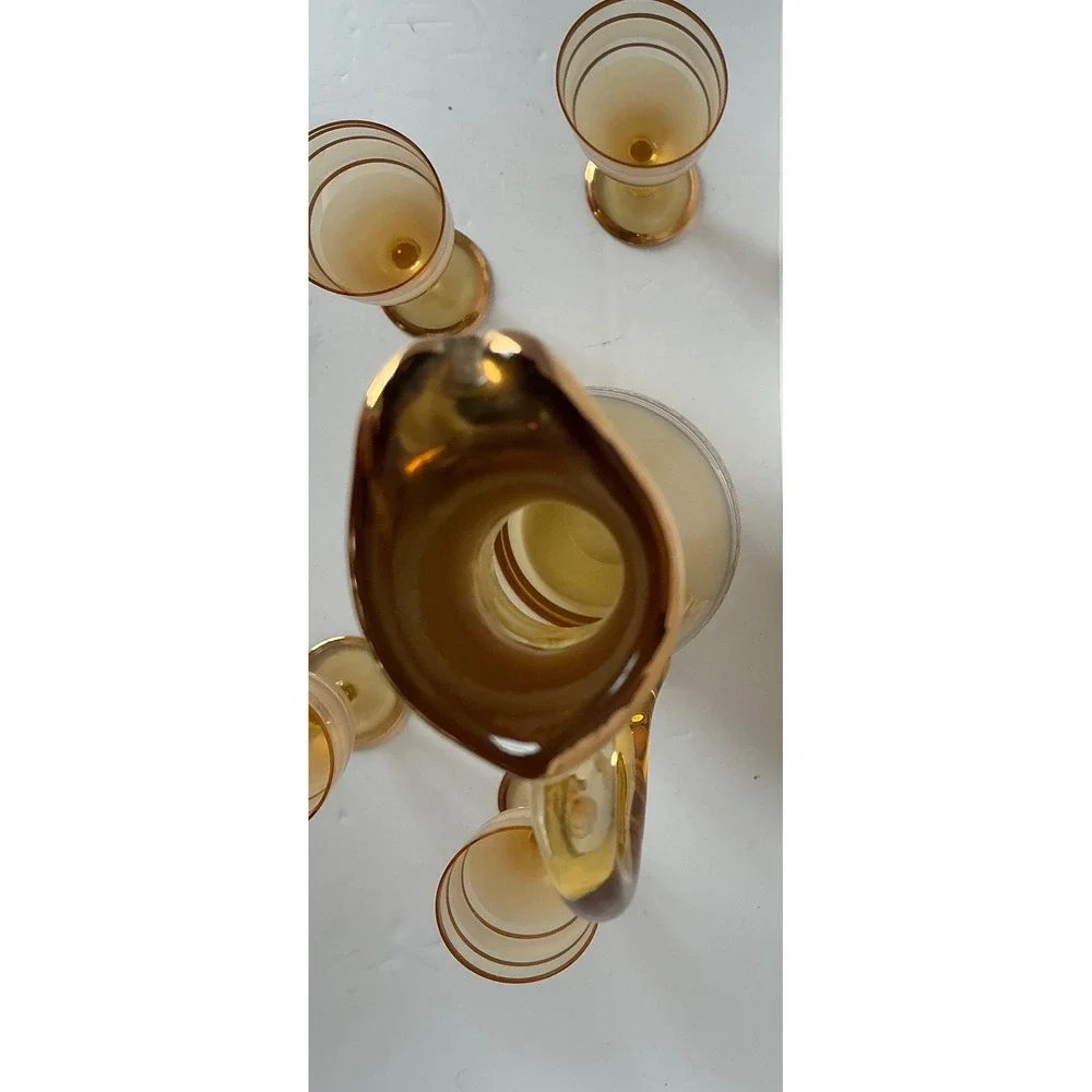 Bohemia Crystal Vintage Amber Glass Decanter Set Gold‎ Encrusted Floral 5pc MCM